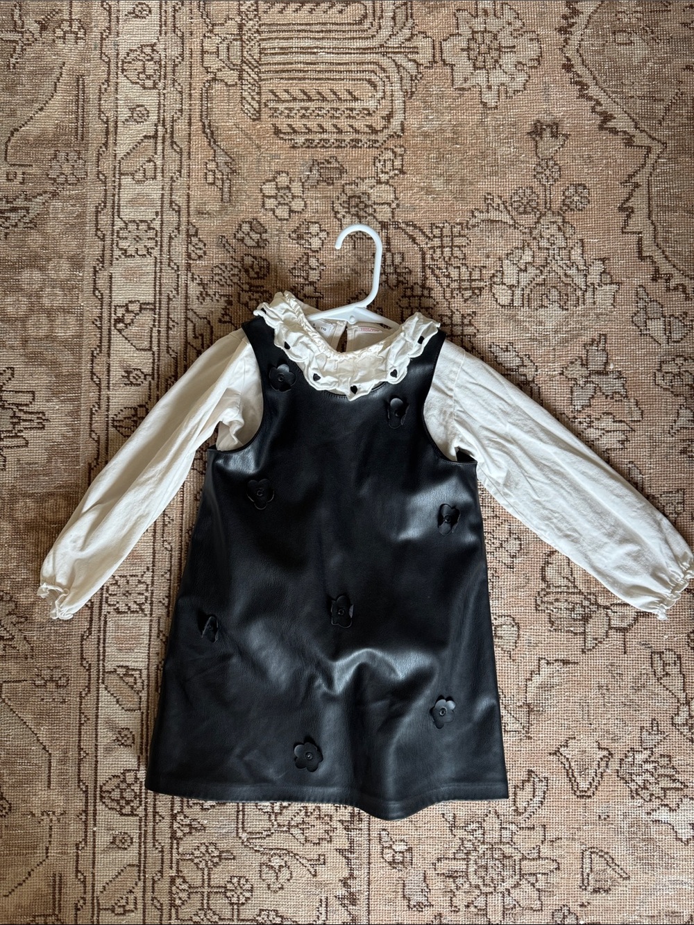 Zara Kids Black Faux Leather Floral Dress with Cream Blouse, Size 5